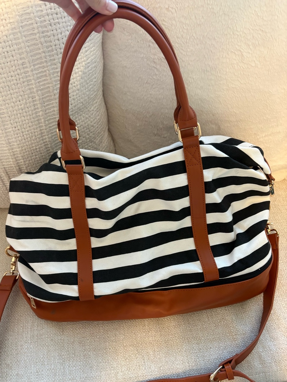 Travel beach weekend  bag Striped Canvas & Tan Faux Leather Tote Bag